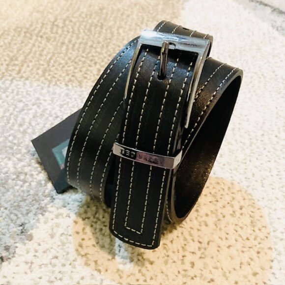 NWT $85 Ted Baker Mens Size 32 Bosmat Black Stitch Detail Leather Gunmetal Belt - Picture 4 of 11